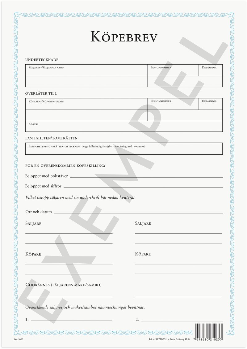 Köpebrev fastighet/tomträtt